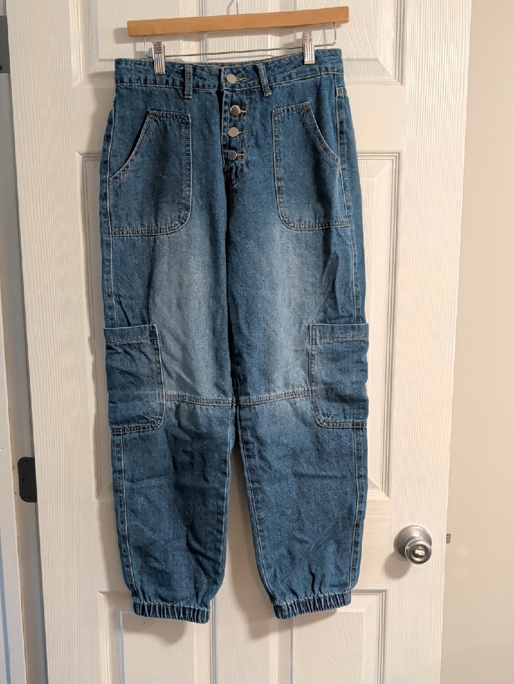 Button Front Denim Cargo Joggers - Blue